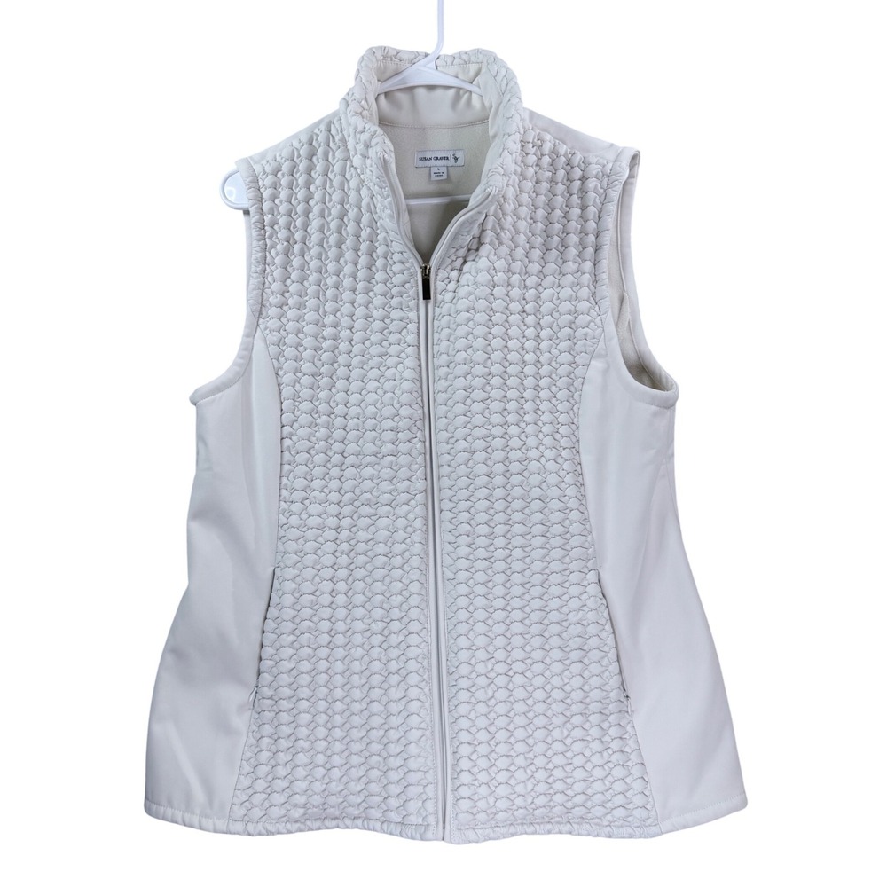 Susan Graver Vest Women Large Cream Quilted Bubble Texture Fleece Lined Zip Up